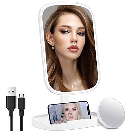 COSMIRROR Rechargeable Lighted Makeup Vanity Mirror with Phone Holder, Portable Light Up Beauty Mirror with 10X Magnificaiton, 3 Color Lighting, Touch Screen Dimmable, Tabletop Cosmetic Mirror