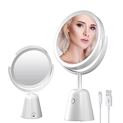 FASCINATE Lighted Makeup Mirror 1X/7X Magnifying Vanity Mirror with Lights 3 Color Double Sided Beauty Mirror Magnification Rechargeable 270°Rotation Led Tabletop Cosmetic Mirror Adjustable Height