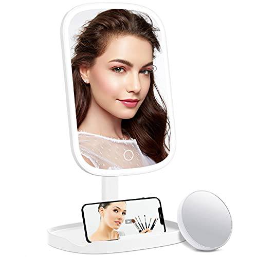LOVESPEJO Lighted Makeup Mirror with Magnification, 9’’ Vanity Mirror with Lights & 7X Magnifying Mirror, 2000 mAh Rechargeable Cordless Light Up Mirror, Personal Cosmetic Tabletop Mirror, Silver