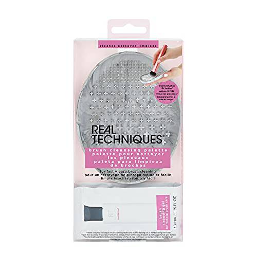 Real Techniques Professional Textured Makeup Brush Cleaner Mat with Brush Cleansing Gel for Fast & Easy Use, Removes Makeup and Oil, Mess Free, Cruelty Free & Vegan, Extends Brush Life, Grey, 3 Piece