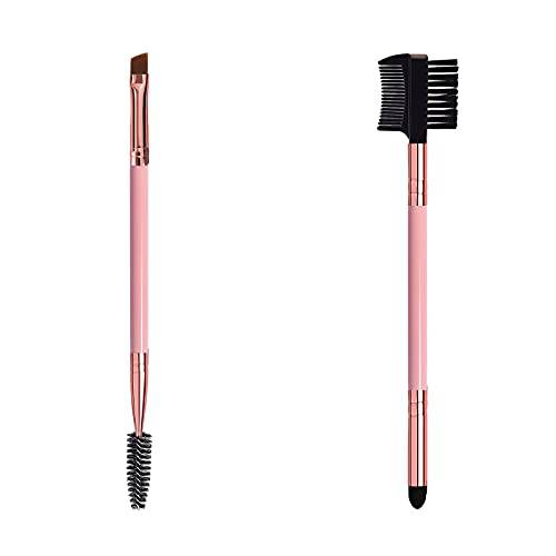 Duo Eyebrow Brush, Eyebrow Brush Eyelash Comb and Eye Shadow Brush, Professional Angled Eye Brow Brush and Spoolie Brush Set (Pink)