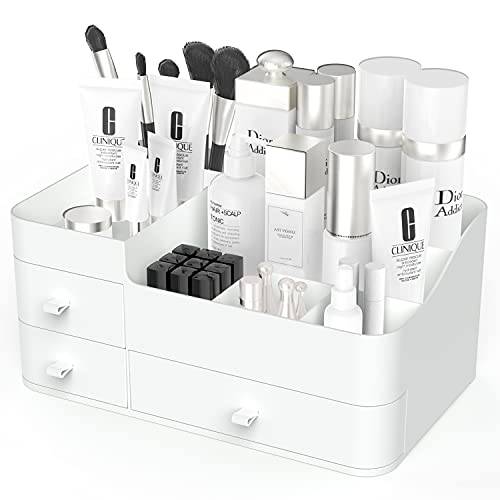 Makeup Organizer Storage with Drawers, Cosmetic Display Case for Brushes, Lotions, Perfumes, Eyeshadow, Nail Polish Ideal for Bathroom, Dresser, Countertop (White)