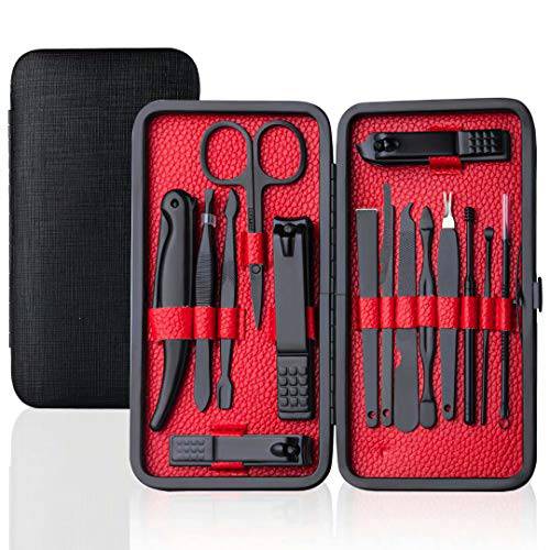 Manicure Set Nail Clippers Pedicure Kit Stainless Steel Toenail Clippers Kit, Men and women Professional Fingernails Grooming Kits, Nail Care Tools with Travel Case (Black-15pcs)