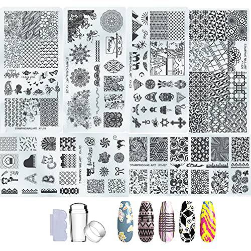 Nail Stamper Kit 6 Pcs Nail Stamping Plates+ 1 Stamper + 1 Scraper Lace Retro Flowers Plants Geometric Figures Totems Art Design Nail Plate Template Image Plate Nail Decoration Supplies