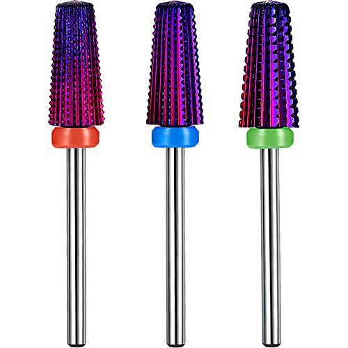 3 Pieces Nail Drill Bits 3/32 Nail Drill Bits, 5 in 1 Multi-function Tapered Shape Straight Nail Drill Tungsten Steel Bits for Cuticle Remover, Manicure Machine, Pedicure Tools, 3 Styles, Purple
