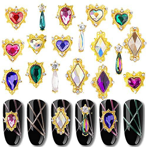 Rhinestones Nail Charms Heart Rhinestones Nail Art Decorations, Mix Sizes AB Iridescent 3D Crystals Diamonds, Metal Alloy Gold Nail Charms for Acrylic Nail Art Accessories for Women Girls, 18Pcs