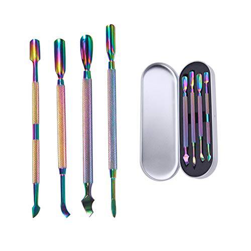 Dr.Pedi Cuticle Pusher and Cutter Nail Cleaner Tool Nail Cuticle Remover Tool Stainless Steel Double Ended Manicure Pedicure Kit in Storage Tin Box Nail Art Remover Tools 4 PCS, Color Gradient