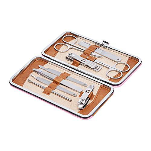 Amazon Basics 9-Piece Manicure and Pedicure Nail Clipping Set with Case - Stainless Steel, Pink