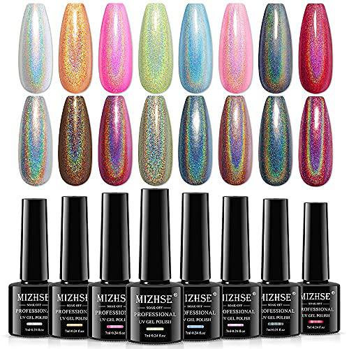 MIZHSE Holographic Gel Polish Set, Galaxy Gloss Nail Lacquer Iridescent Glitter Gel Nail Polish, Laser Gel Polish, Nail Art Nail Pigment Curing Required Unicorn Mirror Laser Effect Nail Gel for Salon Home Manicure-8pcs…