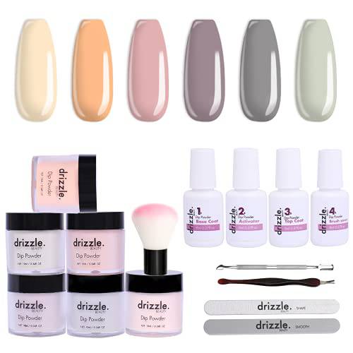 6 Colors Nude Dip Powder Nail Kit Starter, Drizzle Beauty Beige Orange Pink Gray Brown Colors Light Dipping Powder with Base Top Coat Activator for Beginner, No LED Nail Lamp Needed