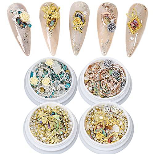 DOYIZZ 3D Nail Art Charms Rose Flower Gold Silver Metal Studs Nail Rhinestones Chain Shell Slices Nail Art Accessories 4 Box Mixed-style Nail Art Decoration