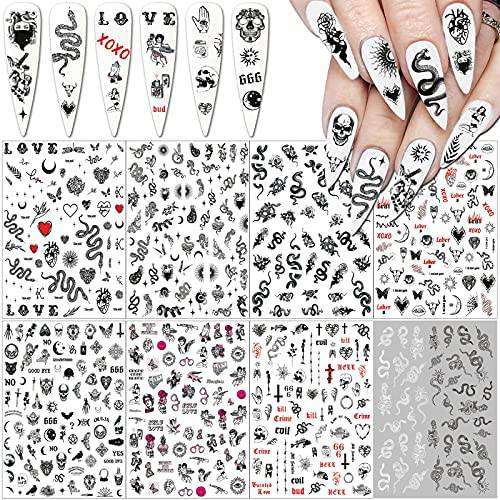 Snake Nail Art Stickers Decals Designer Nail Stickers Nail Art Supplies 3D Gothic Nail Decals Black Dark Skull Heart Lips Moon Ghost Nail Designs Stickers for Acrylic Nails Art Decoration (8 Sheets)