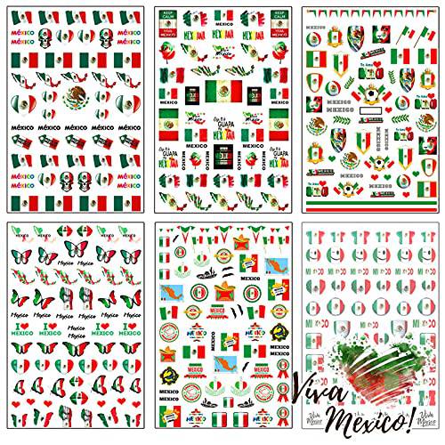TailaiMei Mexican Flag Independence Day Nail Art Stickers, 6 Sheets Self-Adhesive I Love Mexico for Manicure DIY or Nail Salon (600Pcs)