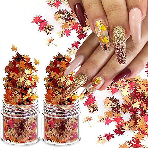Holographic Glitters Fall Maple Leaf Shaped Nail Art Sequins Flakes 2 Pot, 3D Meteillc Red Yellow Orange Mixed DIY Design Confetti for Decoration