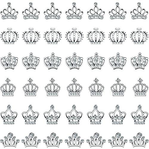 42 Pieces 3D Alloy Crown Nail Charms Studs Crown Diamonds Nail Art Nail Jewels Set Crown Nail Studs Clear Crystals Manicure Jewelry for Women and Girls, 6 Styles
