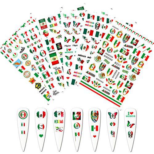 Mexican Flag Nail Art Stickers Decals Designer Nail Stickers Nail Art Supplies 3D Patriotic Nail Decals Mexico Flag Heart Skull Butterfly Nail Designs Stickers for Acrylic Nails (6 Sheets)
