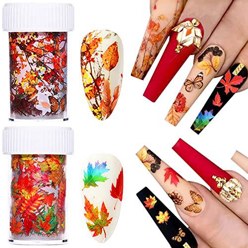 Fall Nail Foil Transfer Stickers Maple Leaf Nail Foils Decals Fall Nail Art Stickers Flowers Maple Leaves Autumn Nail Designs Thanksgiving Nail Stickers for Women Girls Nail Decoration (2 Rolls)
