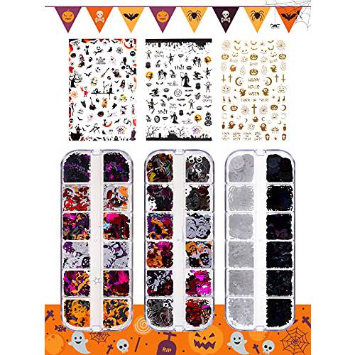 Halloween Nail Art Glitter Stickers Decoration Kit, Tufusiur 3 Boxes Holographic Nail Sequins 3 Sheets Acrylic Nail Decals Pumpkin Bat Ghost Witch Skull Spider Stickers for DIY Halloween Supplies