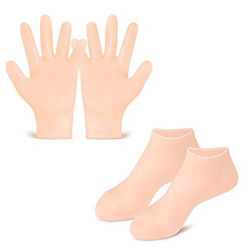 Moisturizing Gloves&Socks, Silicone Gel Gloves for Dry Skin, Cracked Hands and Foot, Full Finger Waterproof Gloves for Hands Foot Care SPA (Beige, Gloves+Socks)