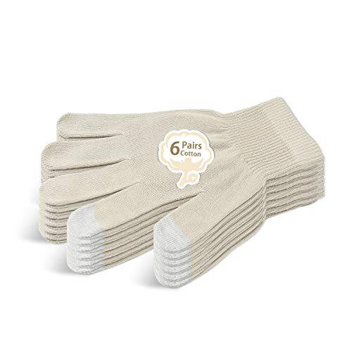 Evridwear Unisex Moisturizing Cotton Gloves with Touchscreen Fingertips for Eczema Beauty Cosmetic Dry Hands Sensitive Irritated Skin Therapy Overnight Bedtime, 6 Pairs, Lightweight-Beige, XS