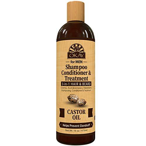 OKAY | Shampoo, Conditioner & Treatment 3-in-1 | Hair & Beard | Men’s Castor Oil | For All Hair Types & Textures | Prevents Dandruff | Stimulate Hair Growth | Sulfate, Silicone & Paraben Free | 16 oz