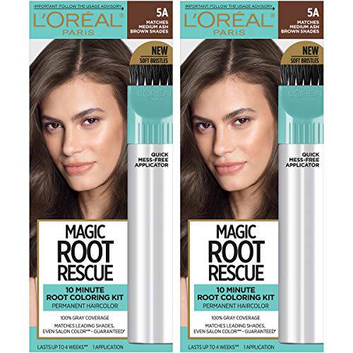 L’Oreal Paris Magic Root Rescue 10 Minute Root Hair Coloring Kit, Permanent Hair Color with Quick Precision Applicator, 100% Gray Coverage, 5A Medium Ash Brown, 2 count