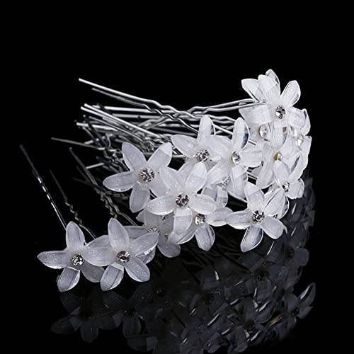 12 Pieces Wedding Flower Hair Pins, White Flower Rhinestone Hair Pins U-Shaped Hairpins for Bridal Wedding Women Hair Jewelry Accessories