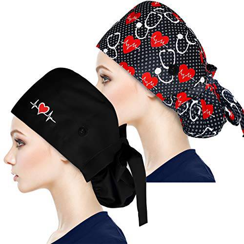 Fesciory Adjustable Working Caps with Button & Sweatband, Women Ponytail Pouch Hats, Long Hair