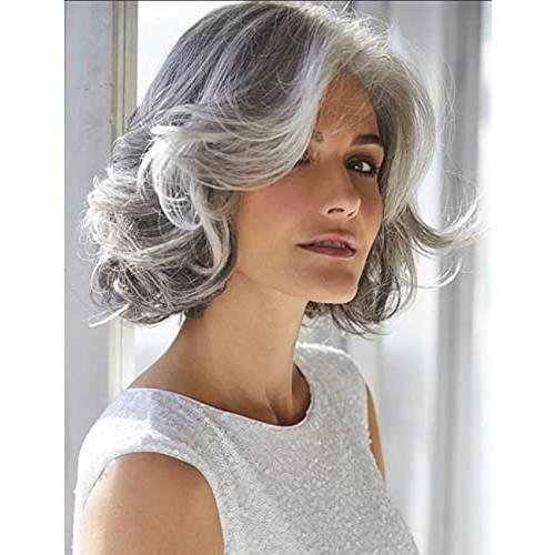 RENERSHOW Short Grey Curly Wig Mixed Gray Wavy Wigs for Women Synthetic Hair Natural Looking Daily Party Wig