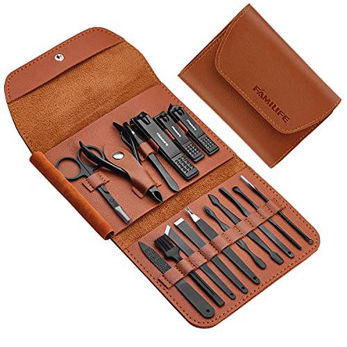 Gifts for Men, FAMILIFE Manicure Set Nail Clippers Pedicure Kit Manicure Kit Nail Clipper Set 16pcs Mens Grooming Kit Manicure Set Professional Stainless Steel Brown Leather Nail Kit Christmas Gifts
