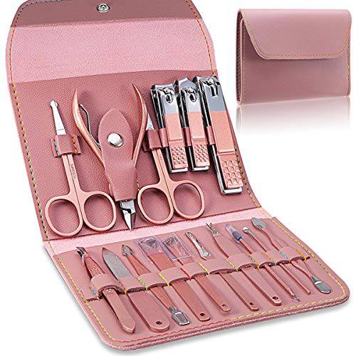 OUCPC Manicure Set, Professional Pedicure Kit Nail Care Tools - 16 in 1 Stainless Steel Nail Clippers Set - Grooming Kit with Luxurious PU Leather Travel Case (Pink)