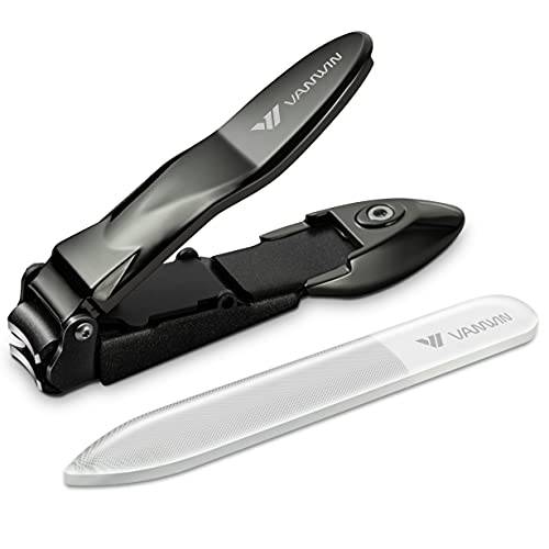 VANWIN Nail Clippers with Catcher, No Splash Fingernail Toenail Clippers with Sharp Curved Blade and Glass Nail File, Wide Jaw Opening Stainless Steel Nail Cutter Trimmer for Seniors Adult Men Women