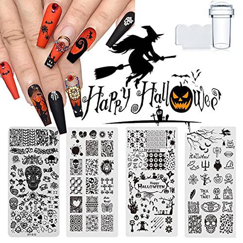 Halloween Nail Stamping Plates Kit for Nail Art 4 PCS Nail Template Plates 1 Stamper 1 Scraper Skull Bone Pumpkin Ghost Horror Nightmare Nail Decorations Stamp Stencils Set Manicure Tools