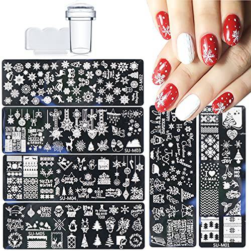 LUKAP Christmas Snowflakes Nail Stamper Kit 6 PCS Stamping Plates 1 Scraper Snowman Pine Tree Bell Words Winter Art Stencil Stainless Steel Templates for Designer Manicure Tools, 8 Piece Set