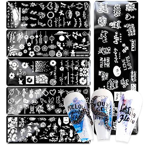 Nail Stamping Plate, DANNEASY 6 Pieces Nail Art Image Stamp Nail Template Kit With Nail Stamper, Scraper, Storage Bag (Nature Style)