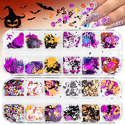 EBANKU 2 Boxes Halloween Nail Art Glitter Sequins, 3D Holographic Pumpkin Witch Spider Bat Confetti Glitter Face Body Flakes for Acrylic Nails Design Halloween Party Decor