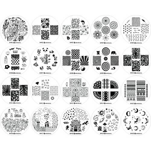 Winstonia Nail Art Stamping Plate 20 pcs Bundle Set Manicure Decoration Templates - Water-marbling, Floral, Galaxy, Fantasy, Lace, Pandas and more