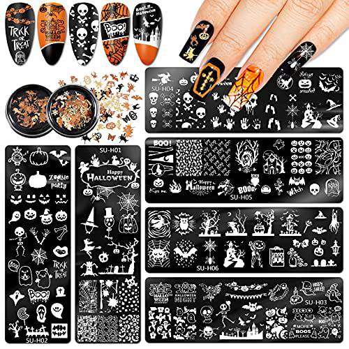 Whaline Halloween Nail Stamper Set 6Pcs Nail Art Plates 2 Box Nail Art Glitters Pumpkin Bat Ghost Spider Witch Owl Stamping Templates Gold Black Manicure Sequins for DIY Nail Salon Decoration