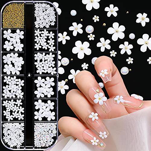 250Pcs Acrylic Flower 3D Nail Charms Mixed Size White Flat Resin Flower 3D Nail Art Design With Pearl Gold Metal Beads Nail Charms for Nails Supplies DIY Jewelry Craft Accessories
