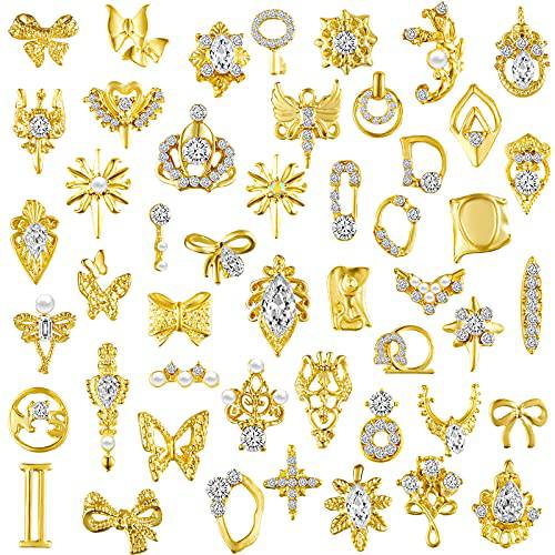 48 Pieces 3D Shiny Gold Nail Charms Rhinestones Luxury Crystals Nail Charms Rhinestones Diamonds Nail Decorations for DIY Women Nail