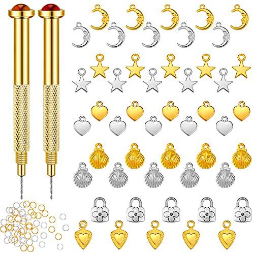 Inbagi 150 Pieces Nail Piercing Charms Set Nail Jewelry Rings with 2 Pieces Nail Piercing Tools, Dangle Nail Art Tools Acrylic Nail Tips Decoration Jewelry Dangle for Women Girls