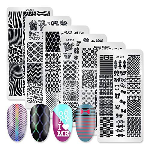 DANNEASY 6Pcs Nail Plate Stamping Set 1Nail Stamper 1Scraper 1Storage Bag Geometry Stripe Butterfly Design Nail Template Image Plate Manicure Stamp Kit