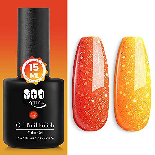 YTD Likomey Color Changing Gel Nail Polish,15ml Red Orange Yellow Gold Glitter Mood Temperature Change Color Thermal Fall UV Nail Gel Polish, Salon Home DIY Manicure