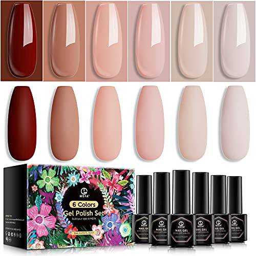 MEFA Gel Nail Polish Set Nude Pink Brown, All Seasons Neutral Skin Tones Soak Off 6 Colors No Wipe Nail Gel Starter Kit Peach Clear French Manicure Brown DIY Salon Home Gift for Girlfriend Woman