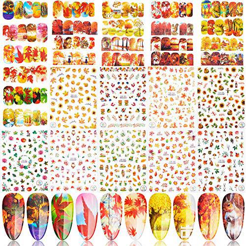33 Sheets Thanksgiving Nail Stickers Autumn Fall Water Transfer Nail Design Decals Stickers DIY Maple Leaf Pumpkin Nail Decals for Women Girls Thanksgiving Fingernail Decoration