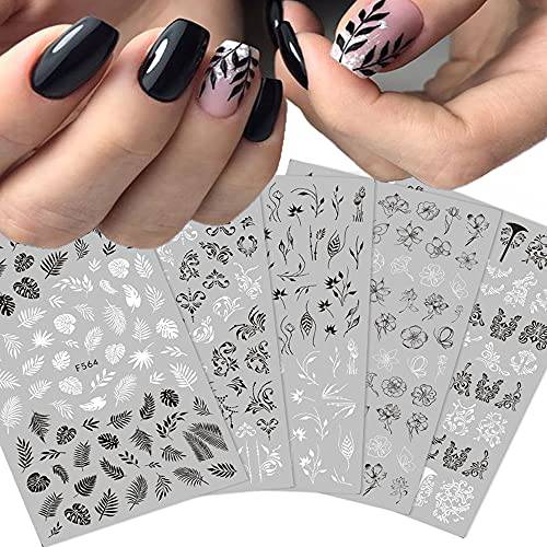 10 Sheets Black White Leaves Flowers Nail Stickers Decals,3D Self- Adhesive Retro Flower Vintage Vine Rose Flower Butterflies Nail Design Classic Fashion Simple Self Adhesive Sticker for Women Girls Nails Art DIY Decoration