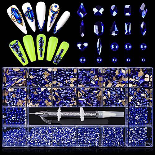 3100Pcs Blue Nail Gems Rhinestones EBANKU Professional Nail Art Crystal Rhinestones Kit for Nails Mixed Shape Nail Jewels Beads with Rhinestone Picker Dotting Pen Tweezers