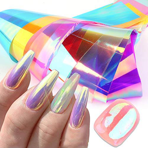 EOOTO Foil Nail Transfer Stickers Strips Cellophane 8 Rolls Design Manicure Starry Sky Art Wraps Decals for Women Girls Holographic Shattered Broken-Glass Reflective Mirror Shard Effect