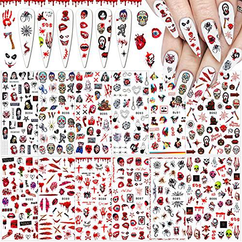 12 Sheets Halloween Nail Stickers 3D Self-Adhesive Nail Decals Halloween Nail Art Supplies Horror Gothic Bloody Zombie Blood Ghost Face Skull Nail Charms Designs Halloween Nail Decor Accessories