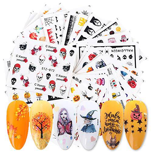 Halloween Nail Art Stickers - 24PCS Mixed Pattern Water Transfer Fall Nail Decals Spider Skull Ghost Maple Leaf Pumpkin Face Eye Blood Joker Clown Nail Stickers Wraps Manicure DIY Nail Art Design Decorations